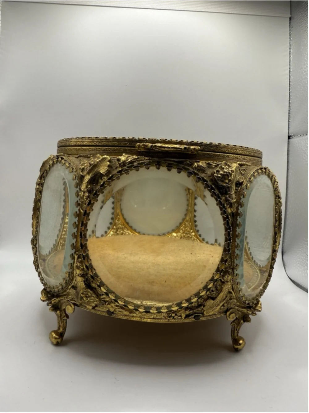 Vintage Ormolu 5 Sided Jewelry Casket Beveled Glass Trinket Box